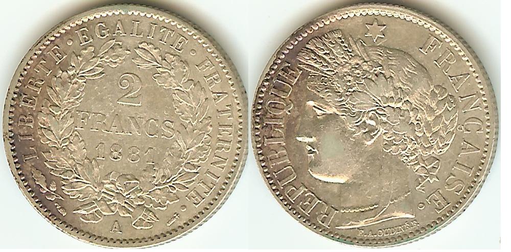 2 Francs Cérès 1881A Paris AU/ AU+